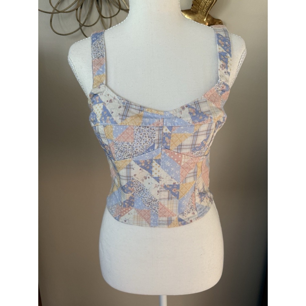 Forever 21 Patchwork Corset Crop Top Size Small Cottagecore Floral Plaid Tank